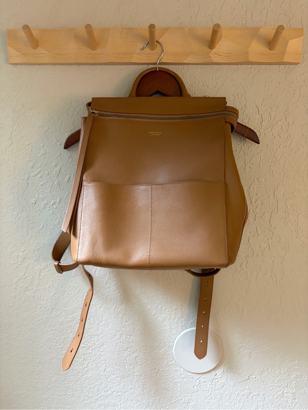 Mina Baie Harper Midi Backpack Diaper Bag -100% Top Grain Pebbled Leather in Tan